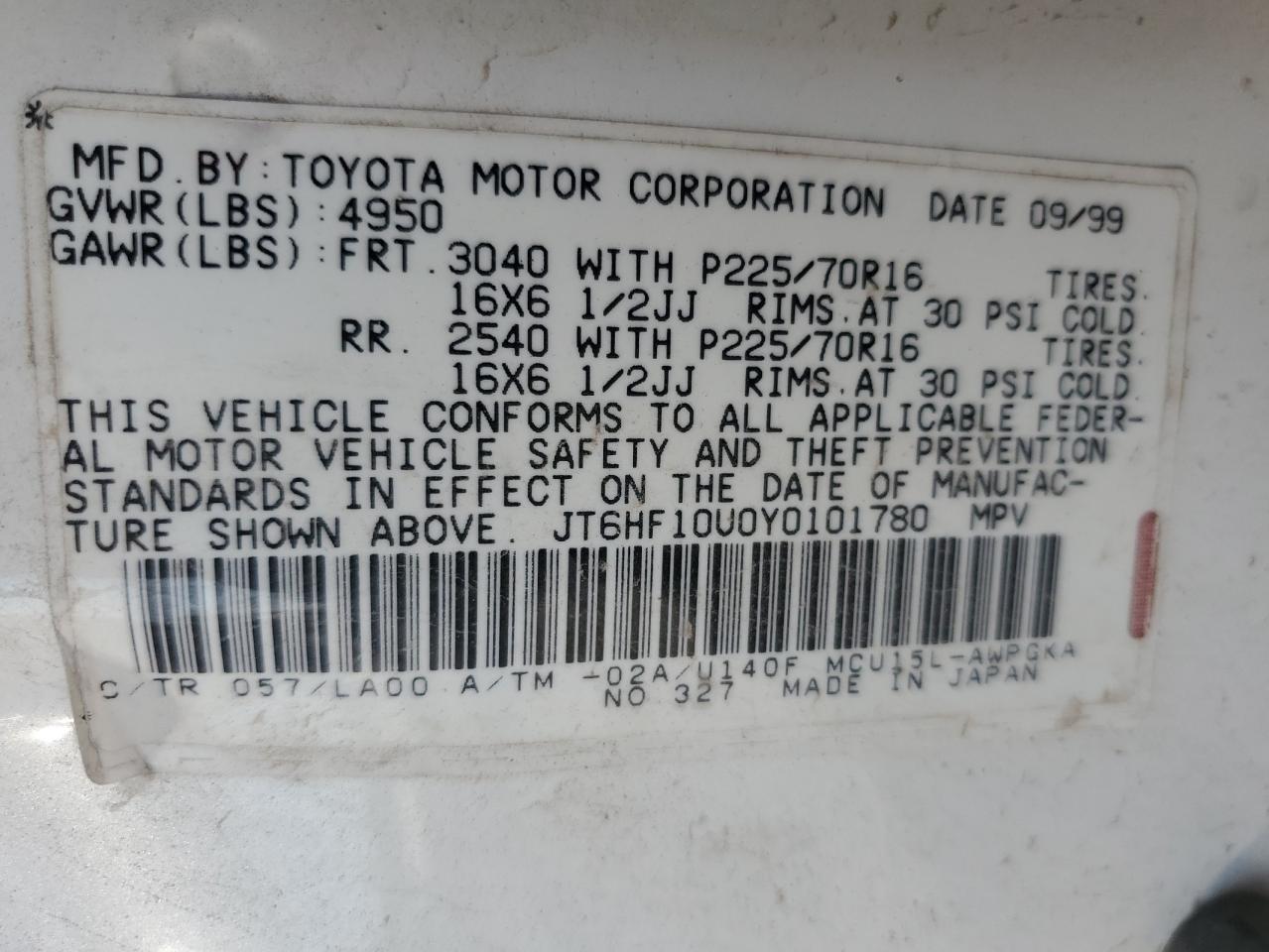 JT6HF10U0Y0101780 2000 Lexus Rx 300