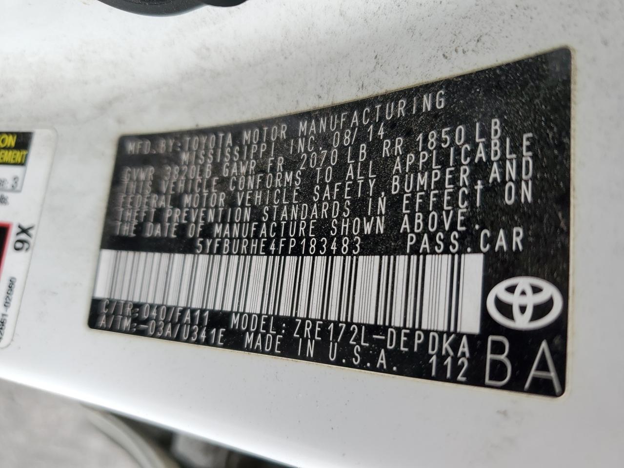 5YFBURHE4FP183483 2015 Toyota Corolla L