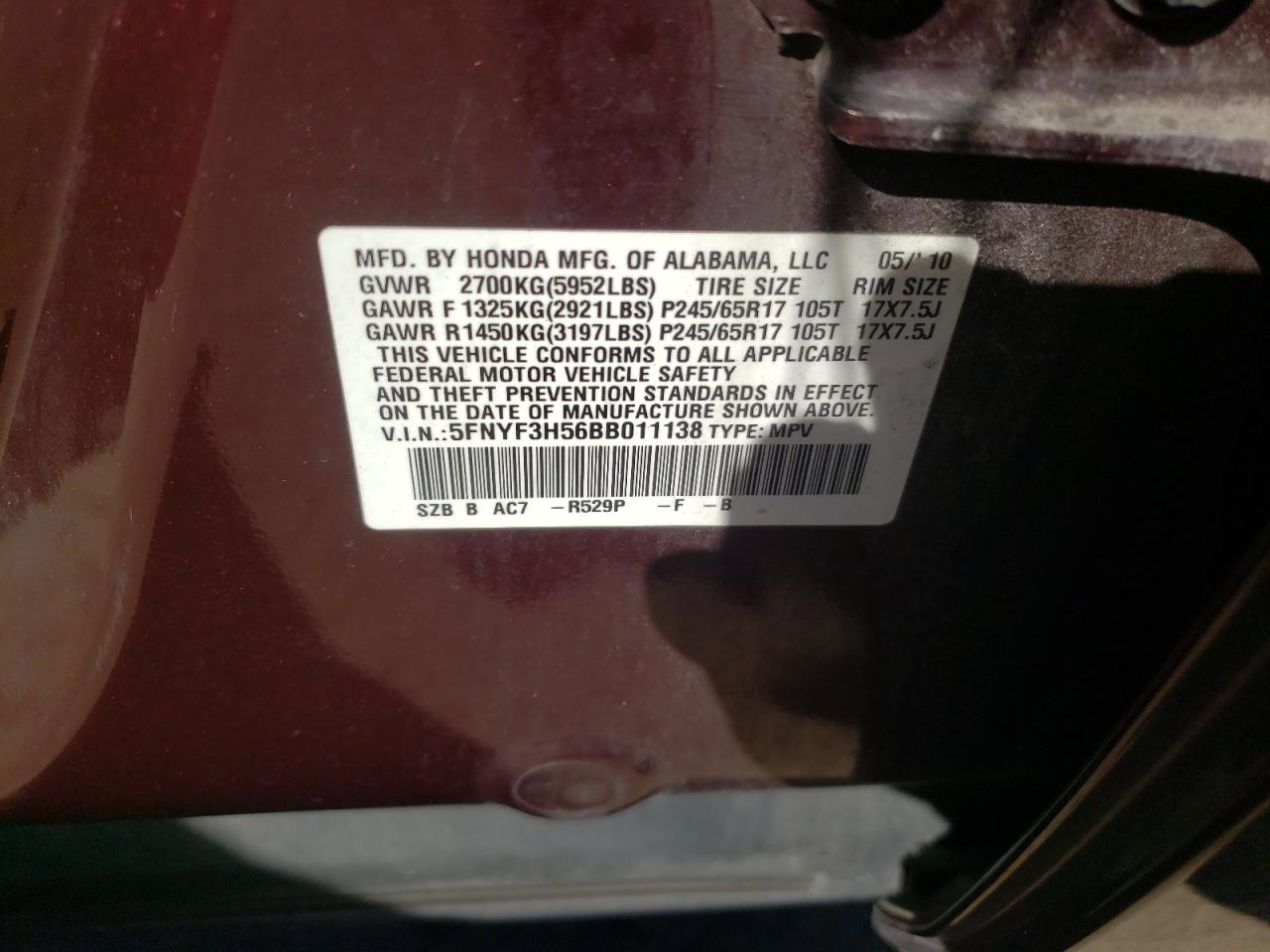 5FNYF3H56BB011138 2011 Honda Pilot Exl