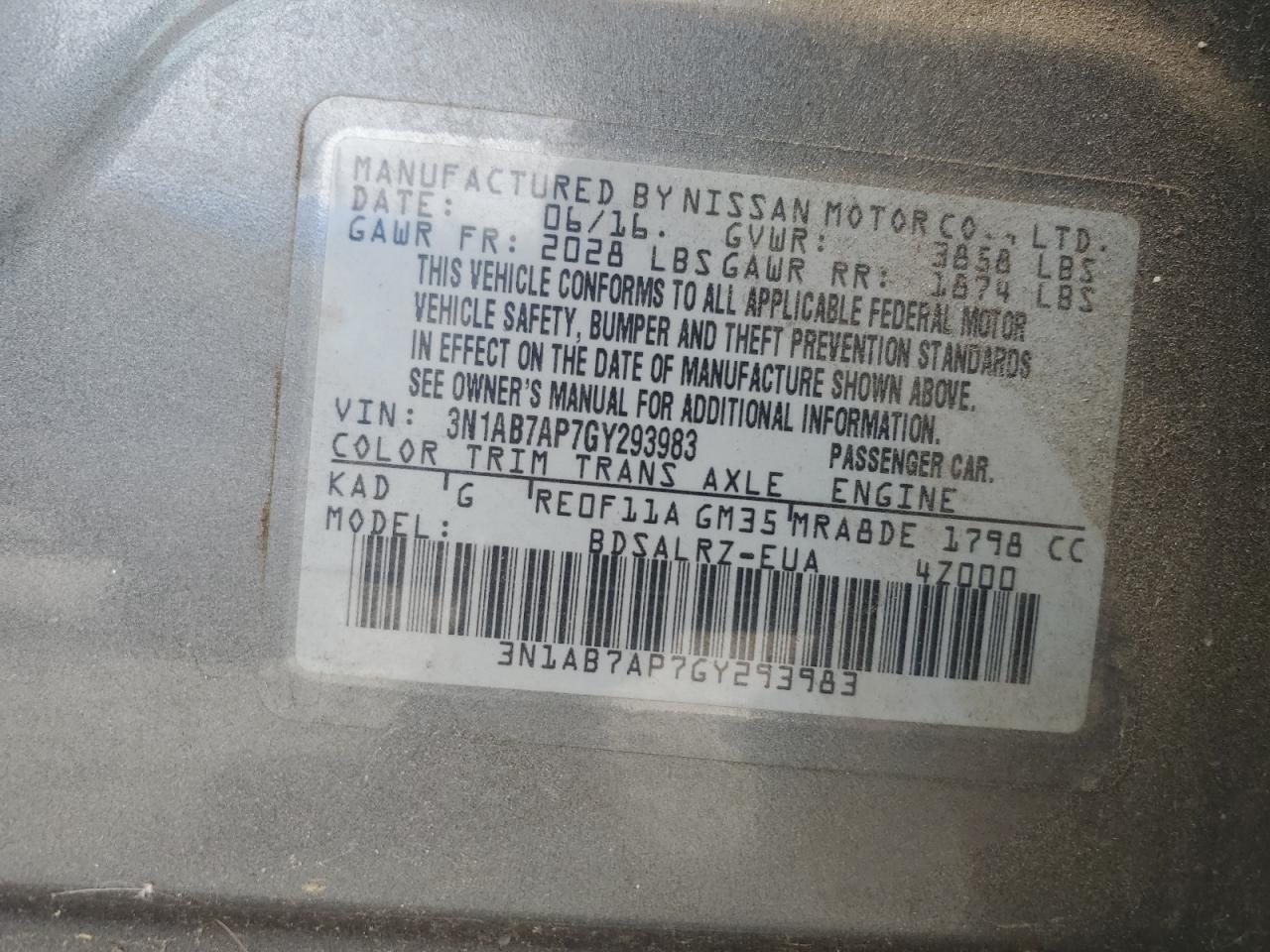 3N1AB7AP7GY293983 2016 Nissan Sentra S