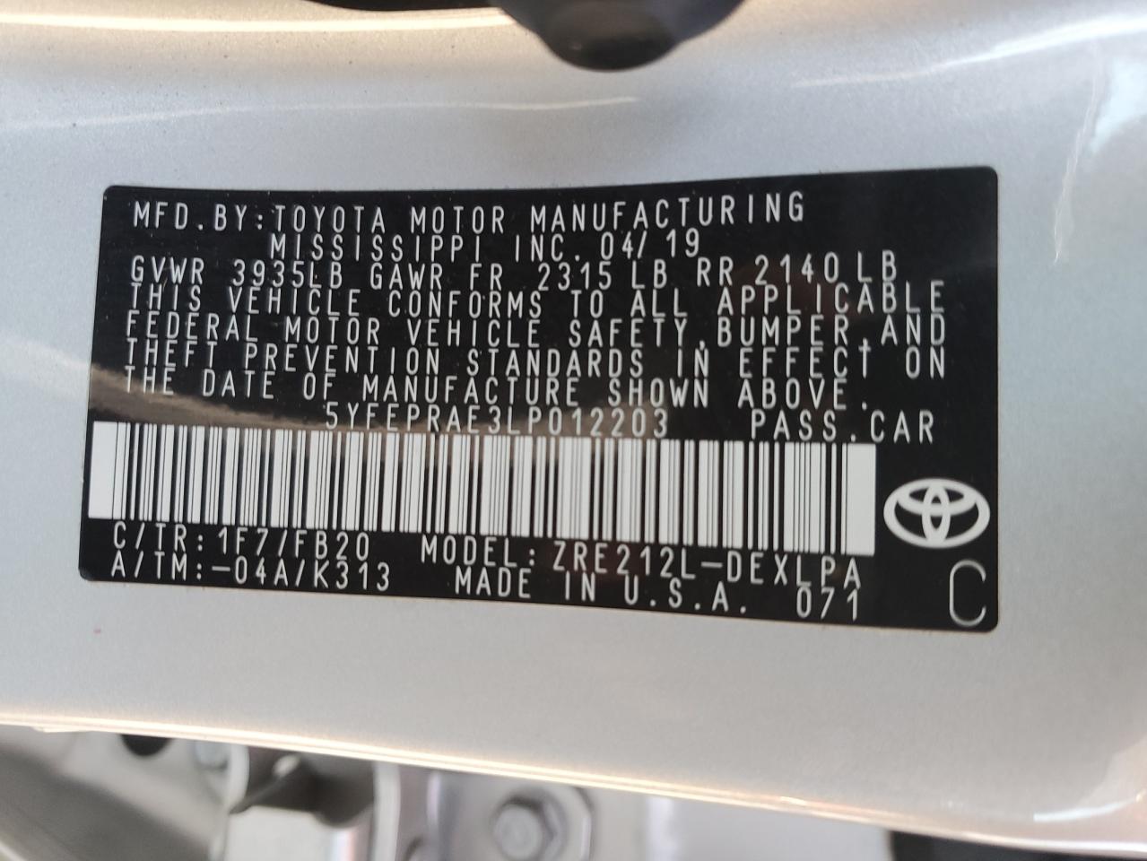 2020 Toyota Corolla Le VIN: 5YFEPRAE3LP012203 Lot: 78107924