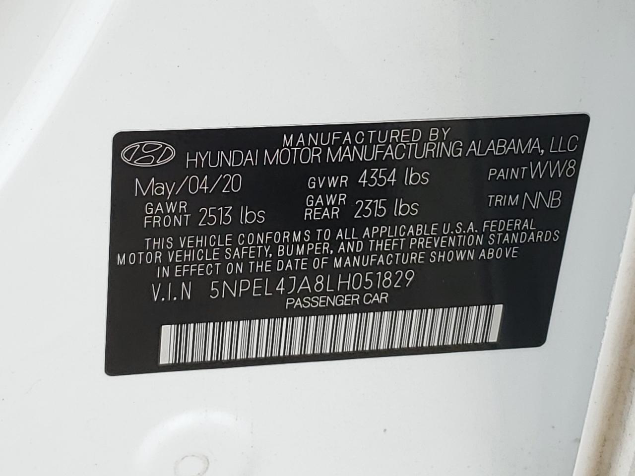 5NPEL4JA8LH051829 2020 Hyundai Sonata Sel