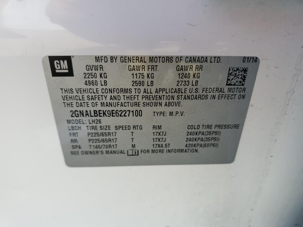 2GNALBEK9E6227100 2014 Chevrolet Equinox Lt