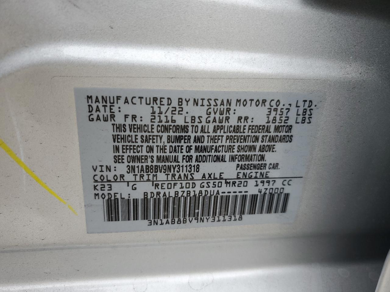 2022 Nissan Sentra S VIN: 3N1AB8BV9NY311318 Lot: 75474374