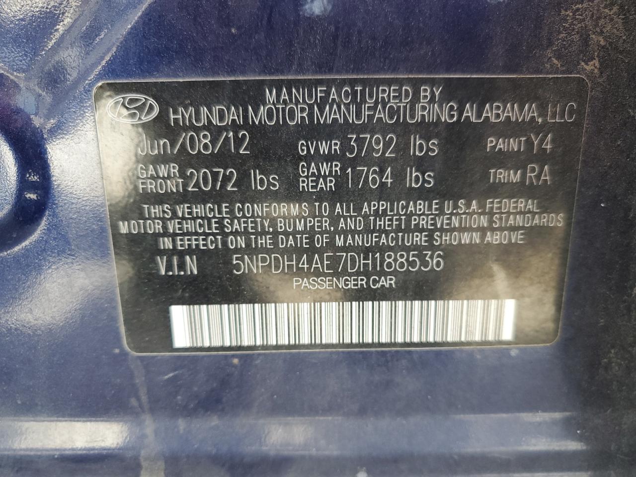 2013 Hyundai Elantra Gls VIN: 5NPDH4AE7DH188536 Lot: 77040414