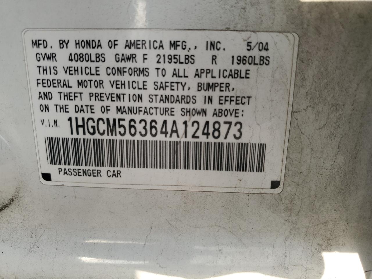 2004 Honda Accord Lx VIN: 1HGCM56364A124873 Lot: 73996774