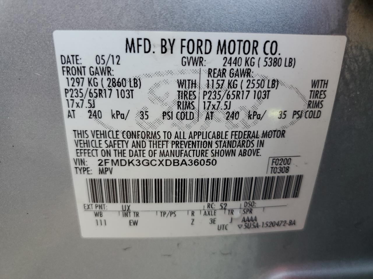 2FMDK3GCXDBA36050 2013 Ford Edge Se