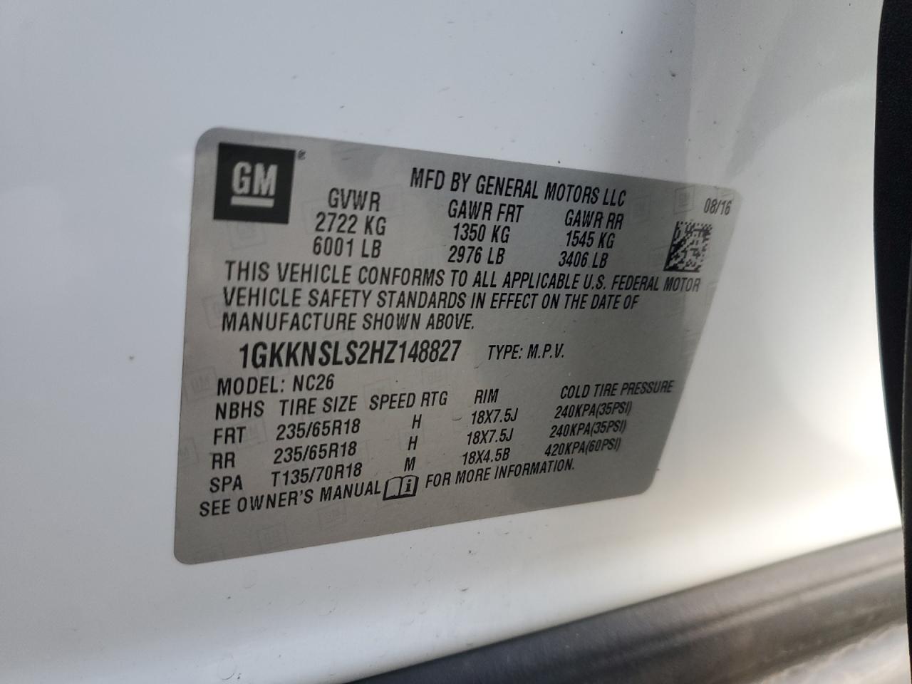 1GKKNSLS2HZ148827 2017 GMC Acadia Sle