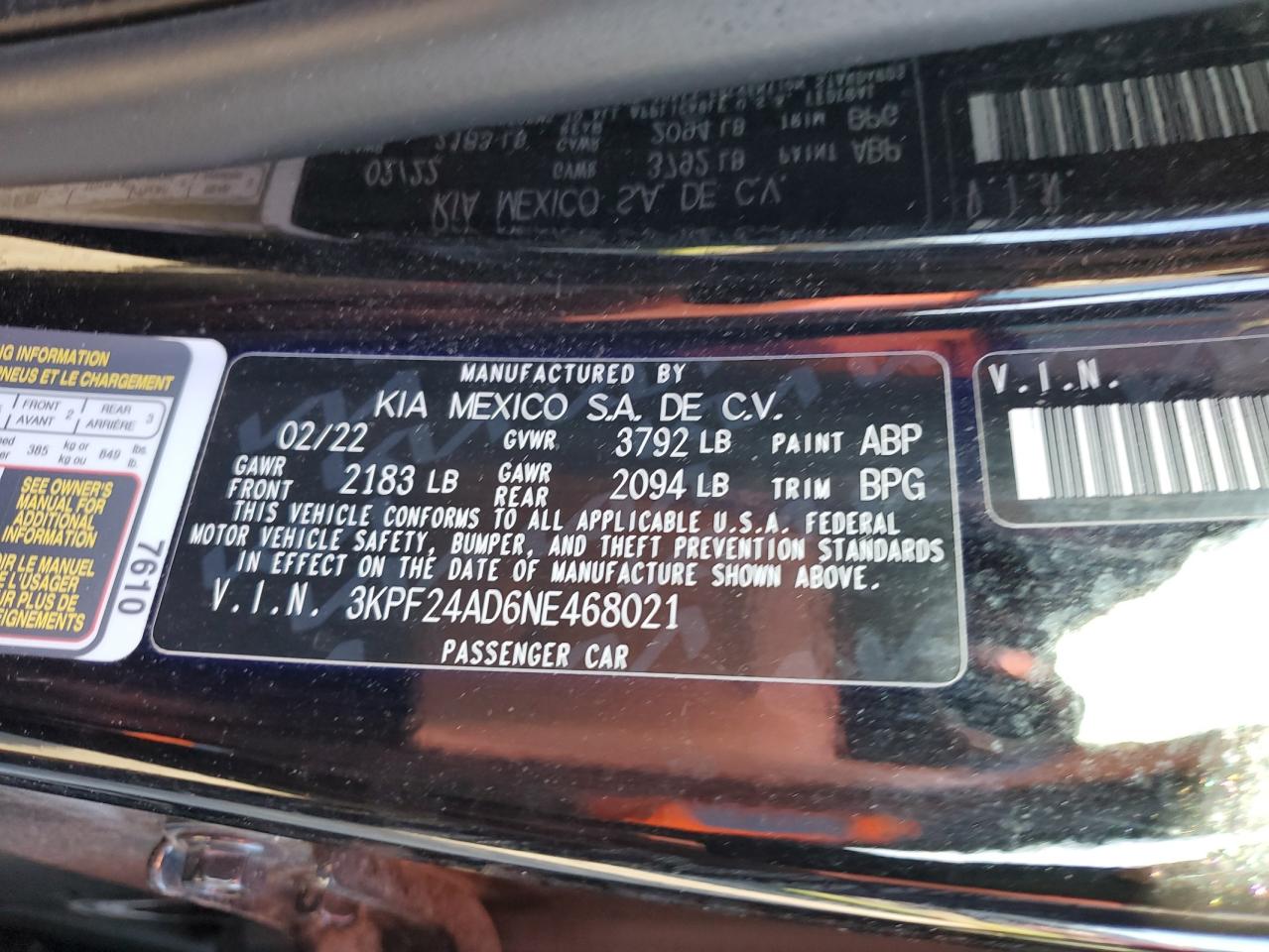 3KPF24AD6NE468021 2022 Kia Forte Fe