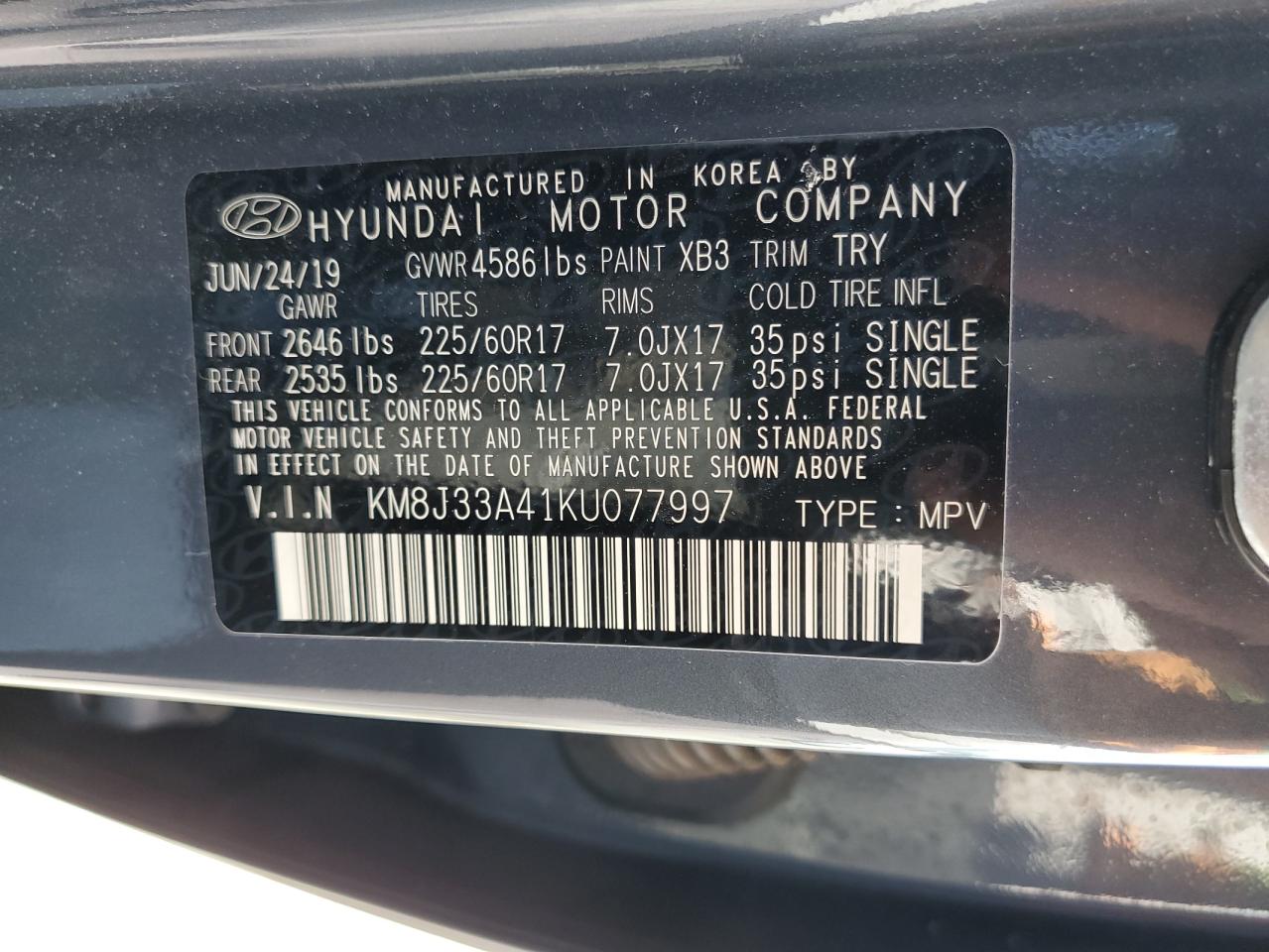 KM8J33A41KU077997 2019 Hyundai Tucson Limited