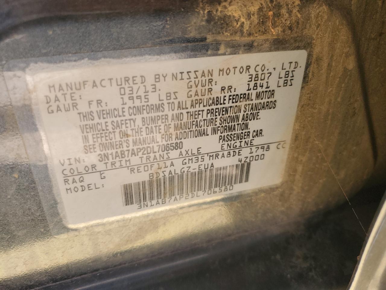 3N1AB7AP2DL706580 2013 Nissan Sentra S