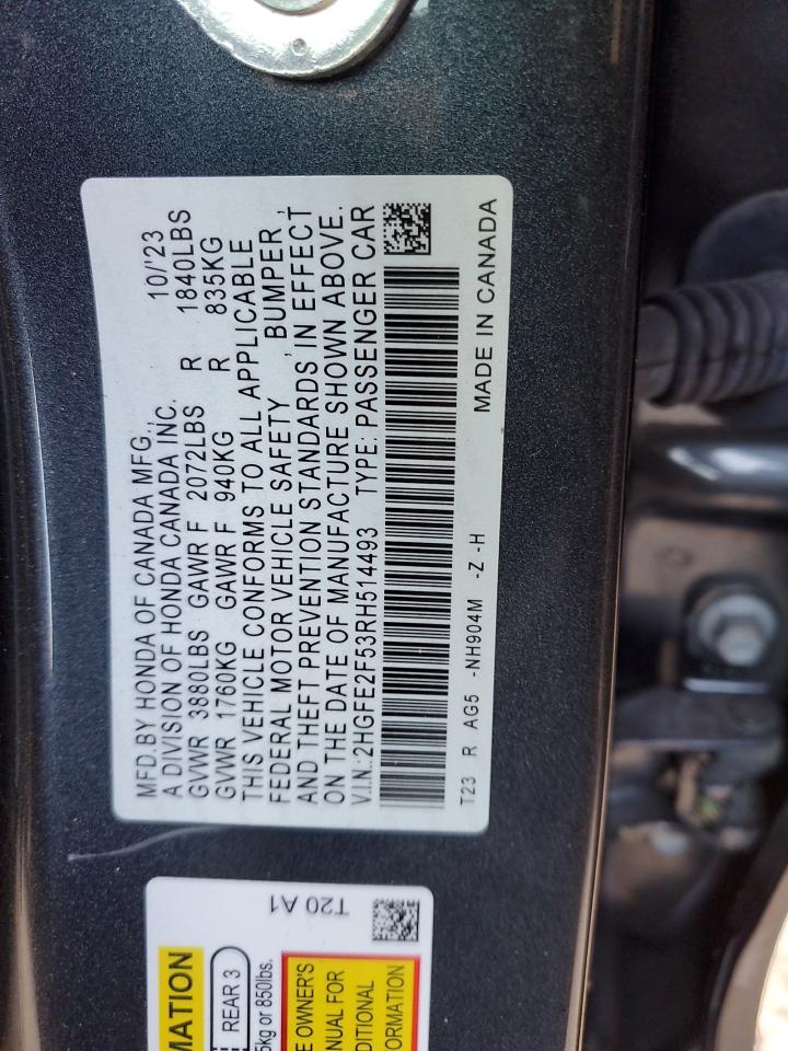 2024 Honda Civic Sport VIN: 2HGFE2F53RH514493 Lot: 76016814