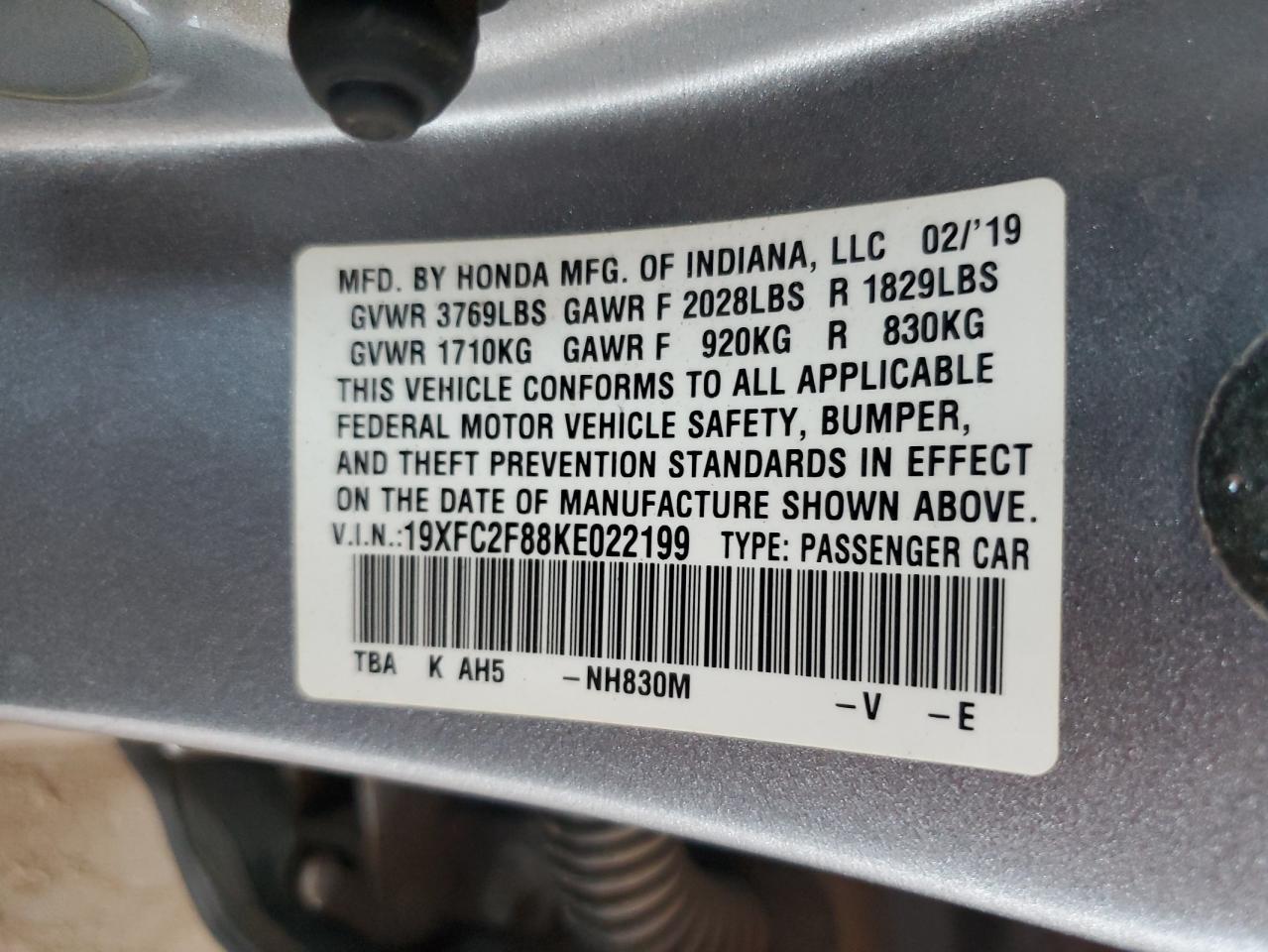 2019 Honda Civic Sport VIN: 19XFC2F88KE022199 Lot: 75314464