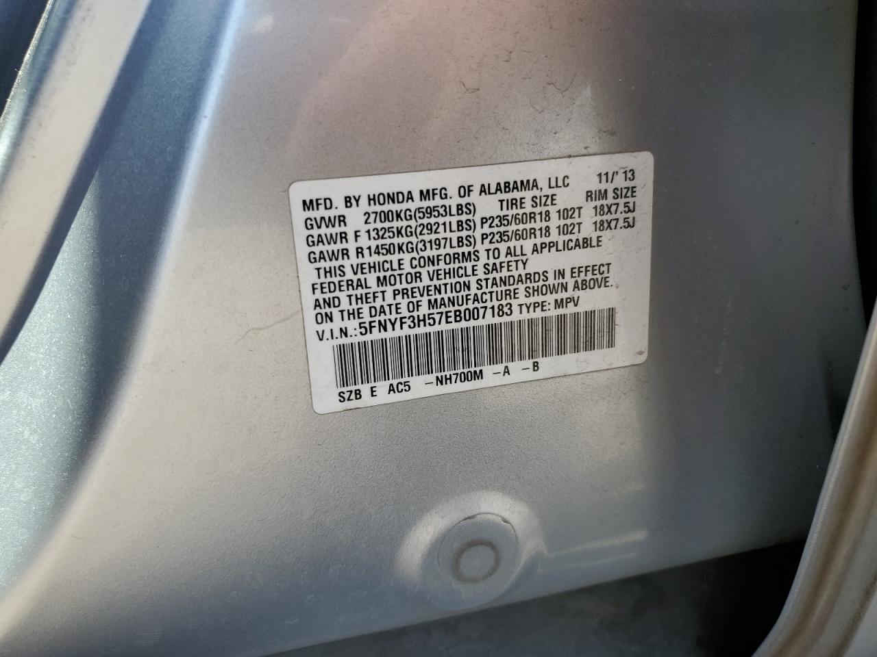 5FNYF3H57EB007183 2014 Honda Pilot Exl