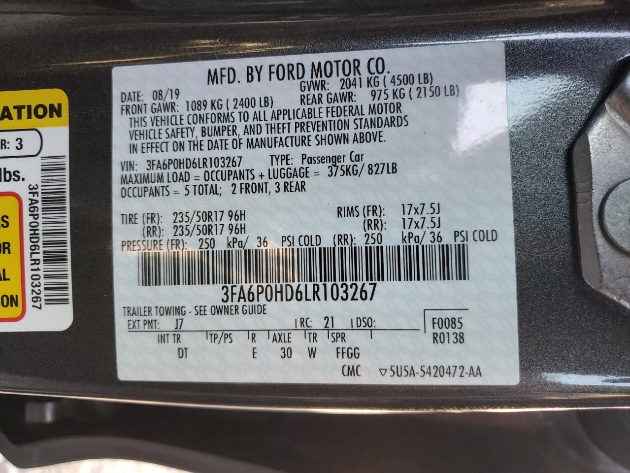 2020 Ford Fusion Se VIN: 3FA6P0HD6LR103267 Lot: 77654574