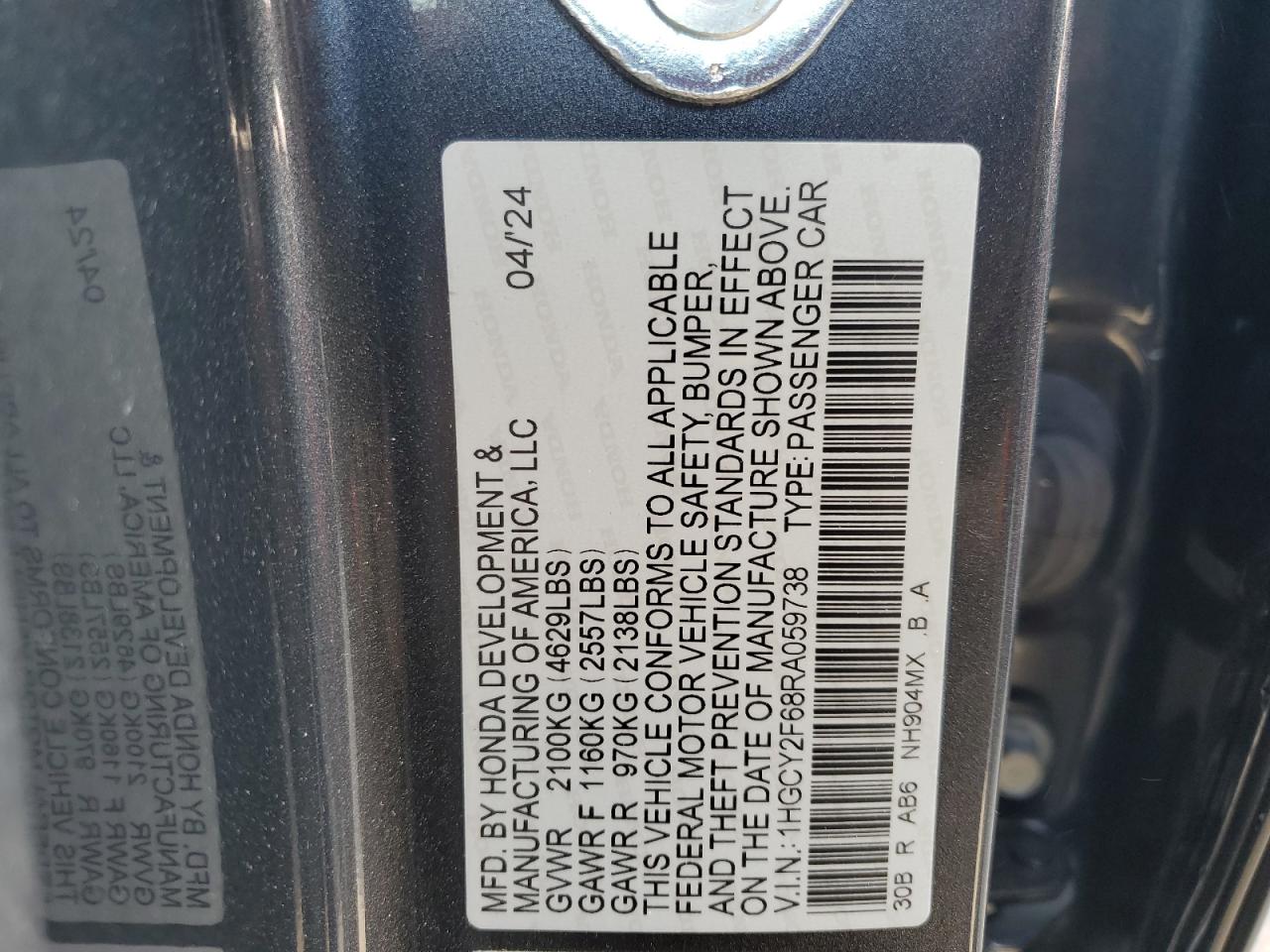 2024 Honda Accord Hybrid Exl VIN: 1HGCY2F68RA059738 Lot: 77606144