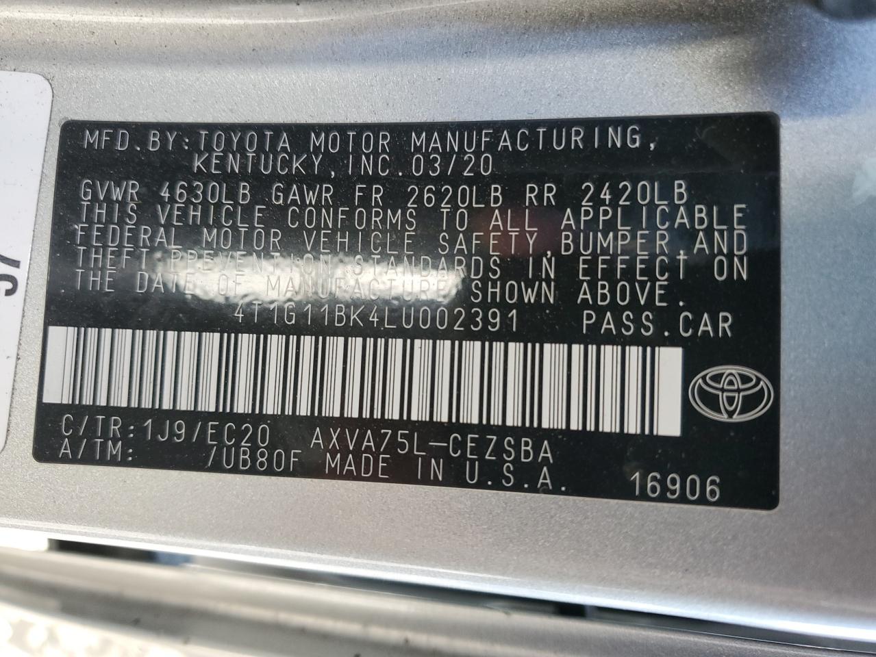 2020 Toyota Camry Se VIN: 4T1G11BK4LU002391 Lot: 75611824