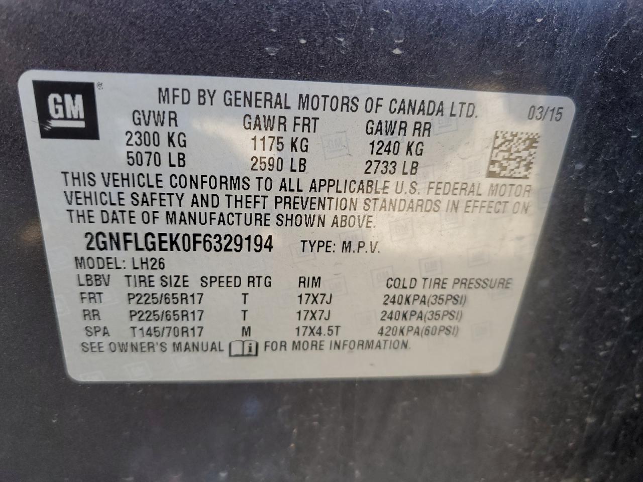 2GNFLGEK0F6329194 2015 Chevrolet Equinox Lt