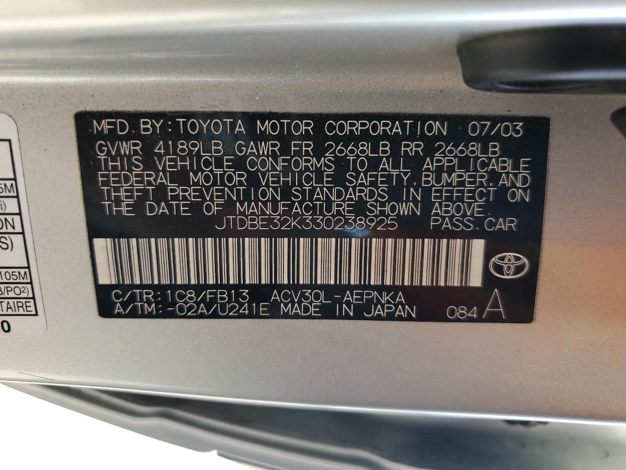 JTDBE32K330238925 2003 Toyota Camry Le