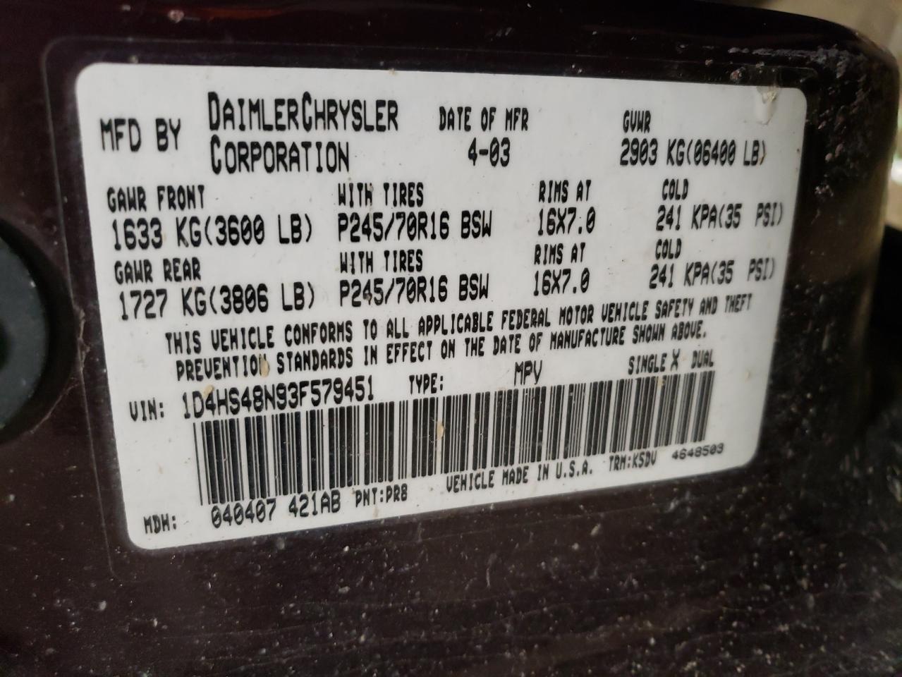 1D4HS48N93F579451 2003 Dodge Durango Slt