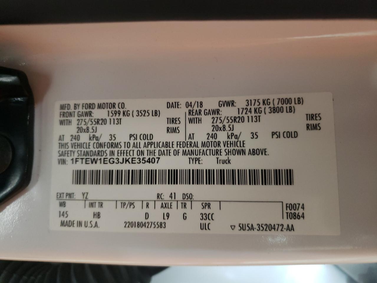 2018 Ford F150 Supercrew VIN: 1FTEW1EG3JKE35407 Lot: 77100584