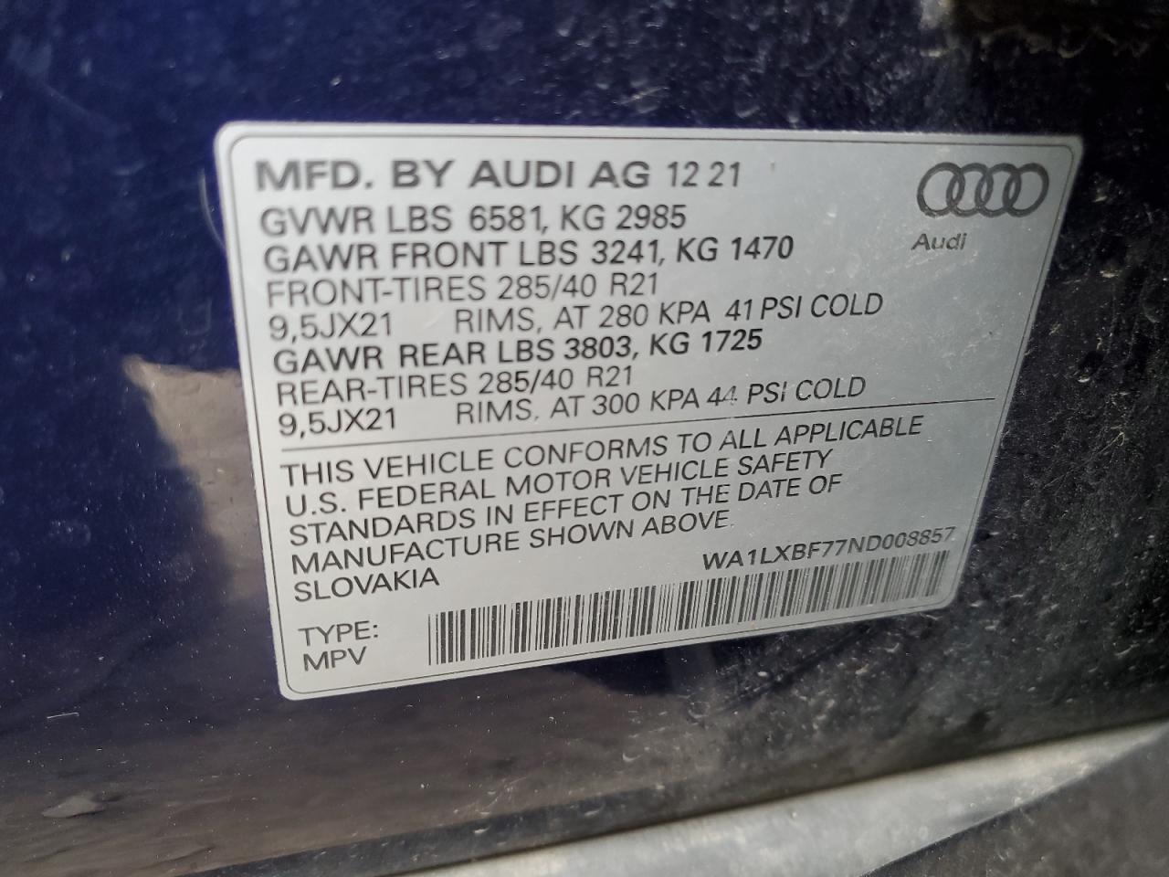 2022 Audi Q7 Premium Plus VIN: WA1LXBF77ND008857 Lot: 75352134