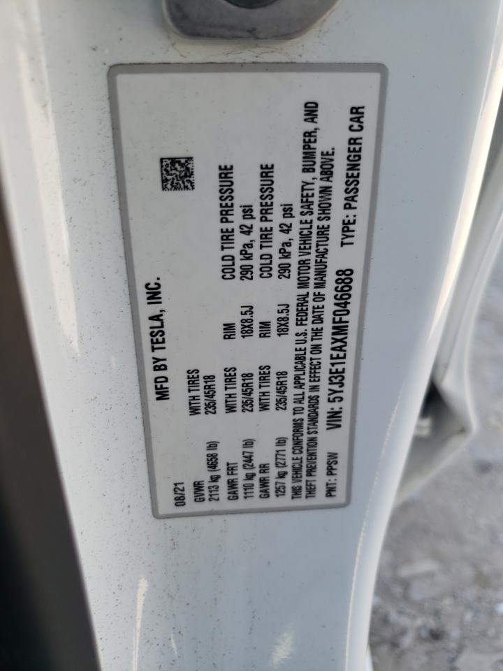 5YJ3E1EAXMF046688 2021 Tesla Model 3