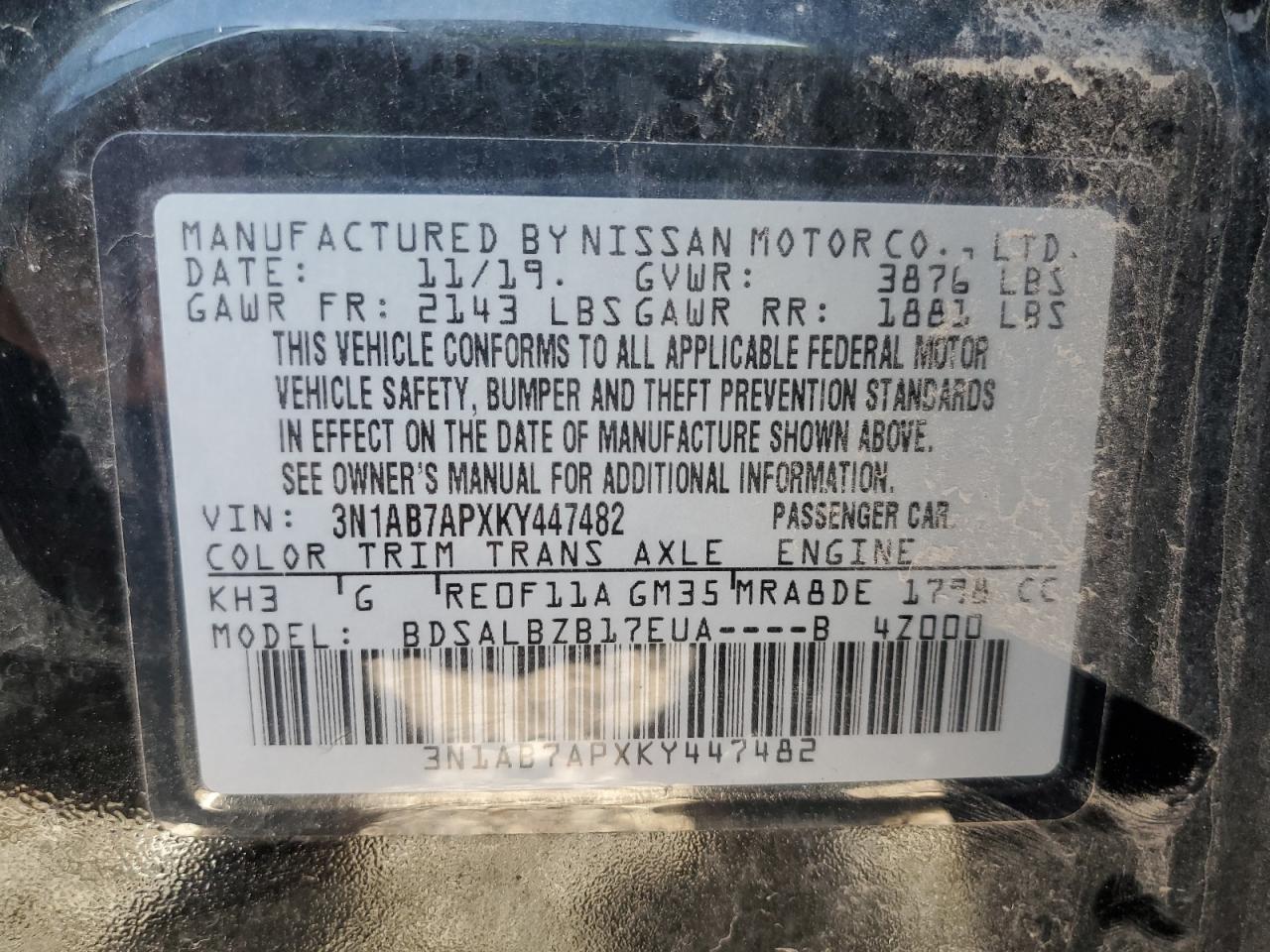 3N1AB7APXKY447482 2019 Nissan Sentra S