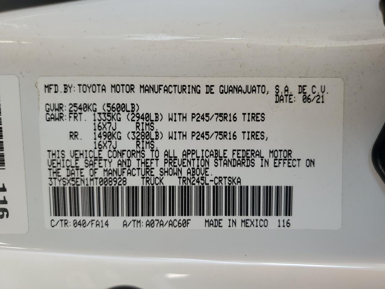 2021 Toyota Tacoma Access Cab VIN: 3TYSX5EN1MT008928 Lot: 76032164