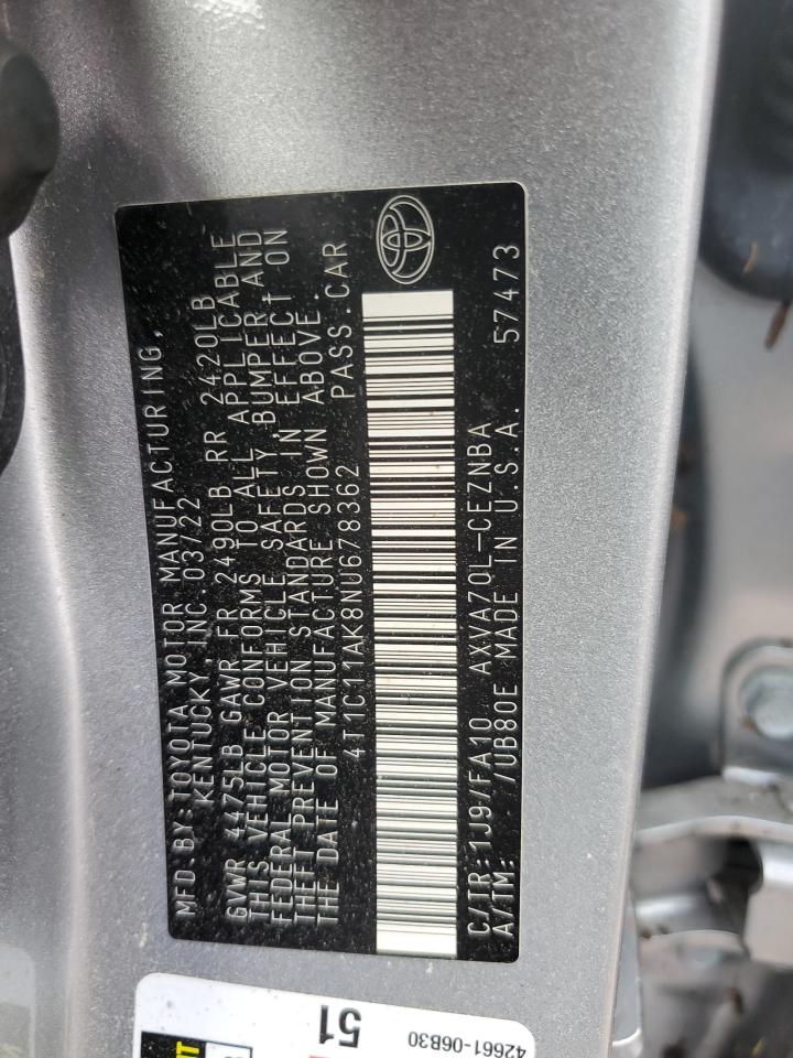 4T1C11AK8NU678362 2022 Toyota Camry Le