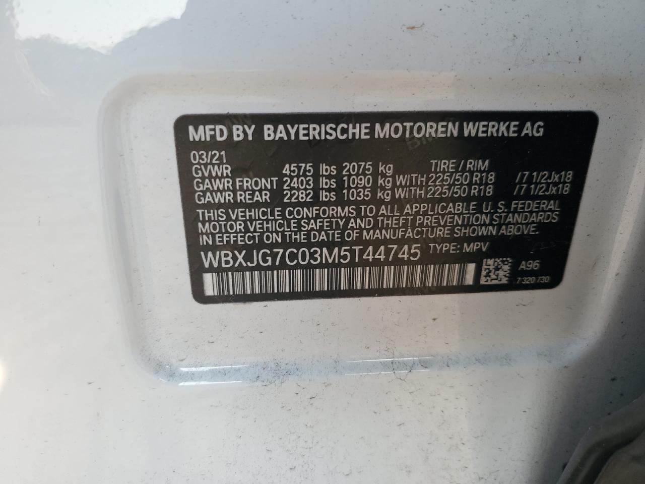 2021 BMW X1 Sdrive28I VIN: WBXJG7C03M5T44745 Lot: 75599754