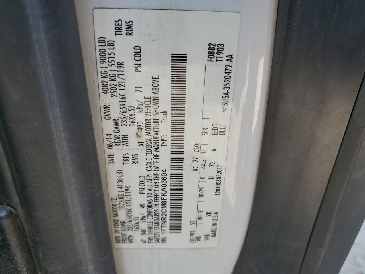 2015 Ford Transit T-250 VIN: 1FTNR2CM8FKA03604 Lot: 76456654