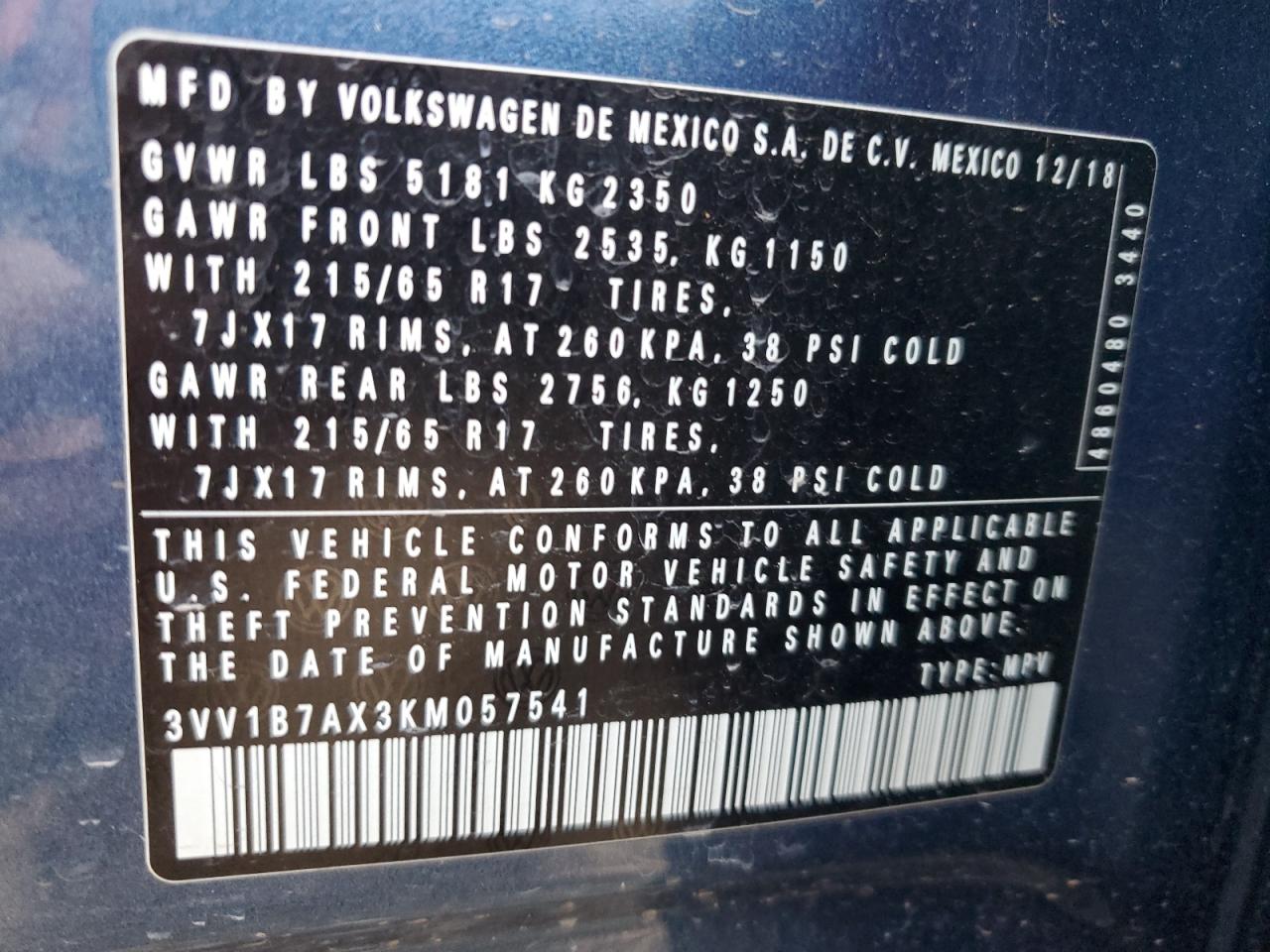 3VV1B7AX3KM057541 2019 Volkswagen Tiguan S