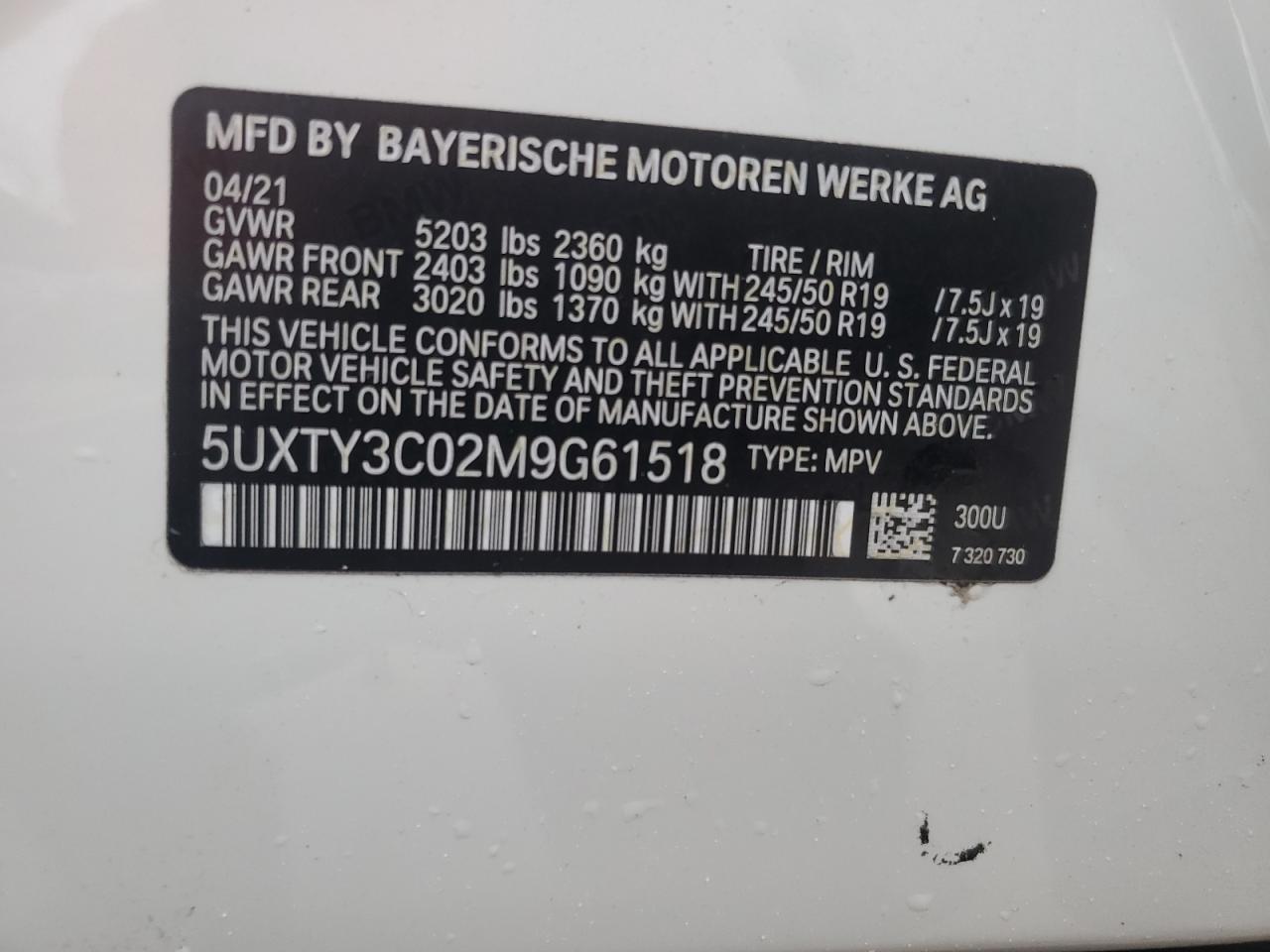 2021 BMW X3 Sdrive30I VIN: 5UXTY3C02M9G61518 Lot: 74512454