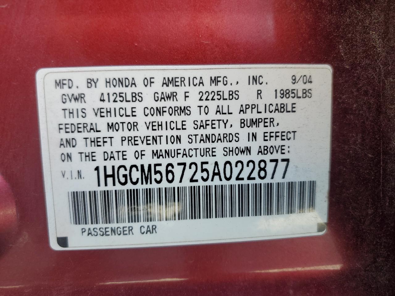 1HGCM56725A022877 2005 Honda Accord Ex