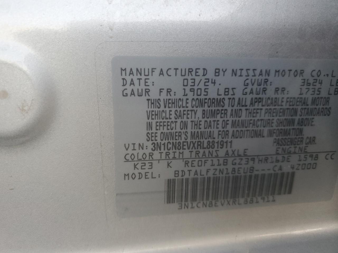 3N1CN8EVXRL881911 2024 Nissan Versa Sv