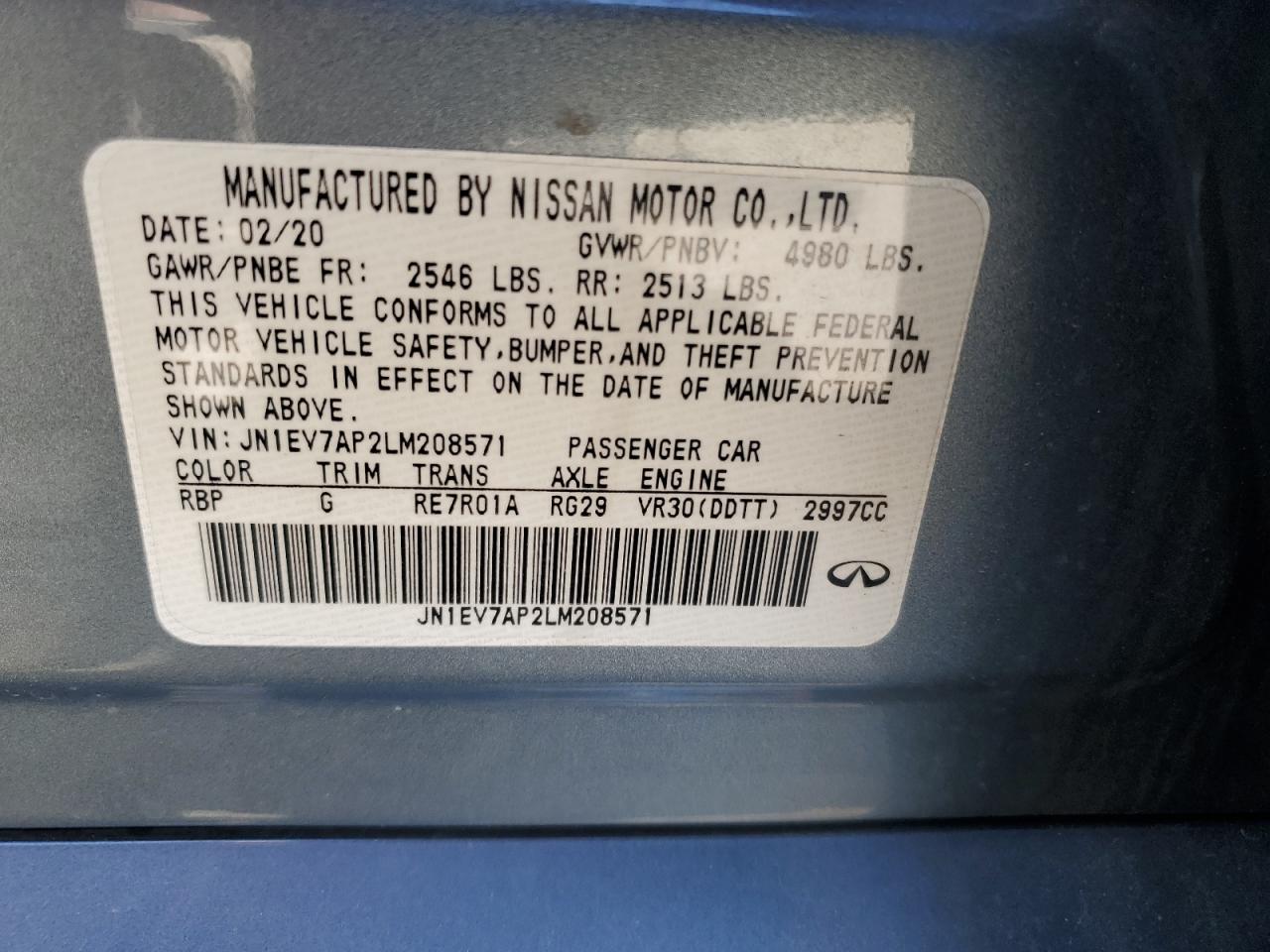 JN1EV7AP2LM208571 2020 Infiniti Q50 Pure