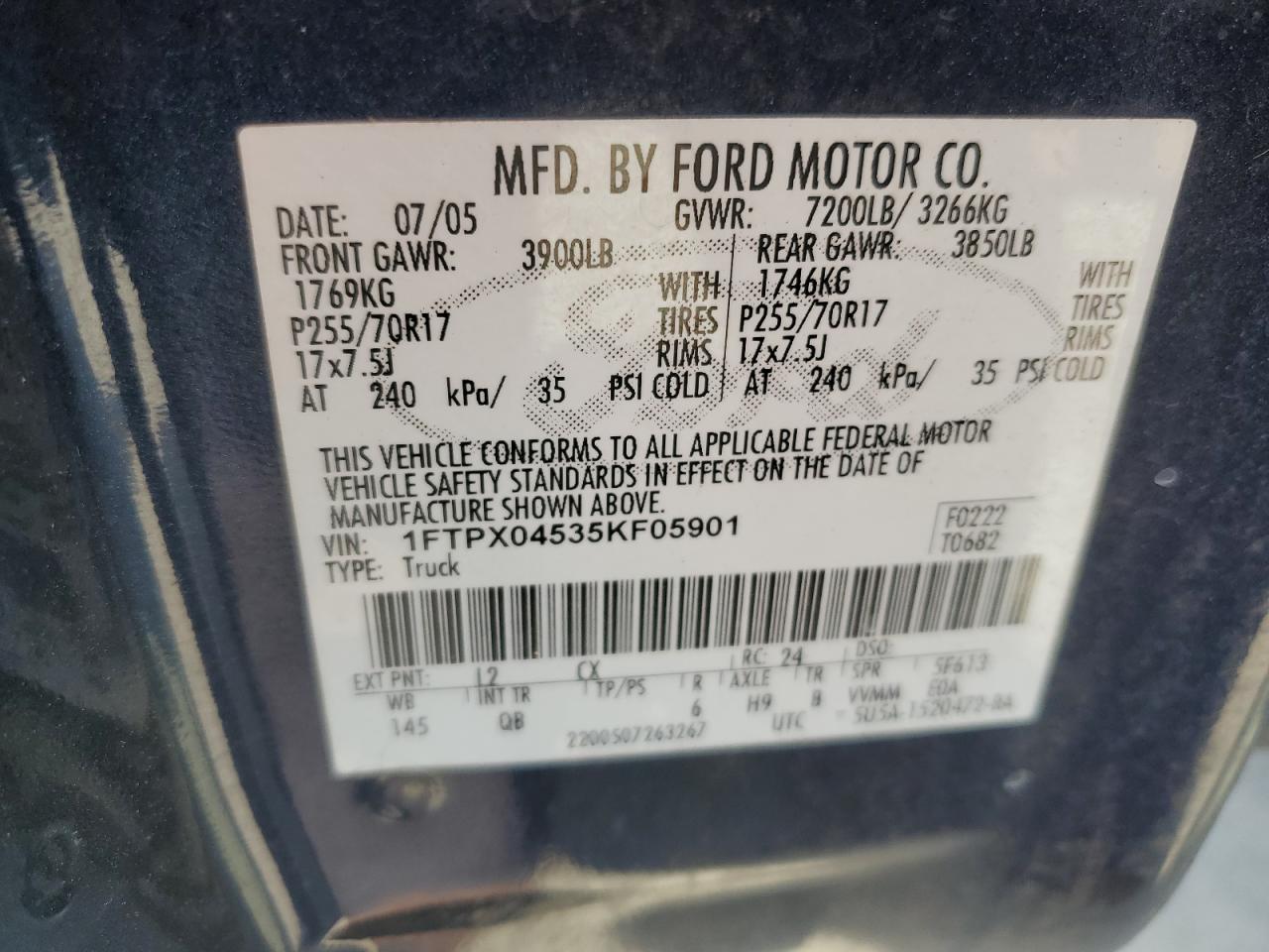 1FTPX04535KF05901 2005 Ford F150