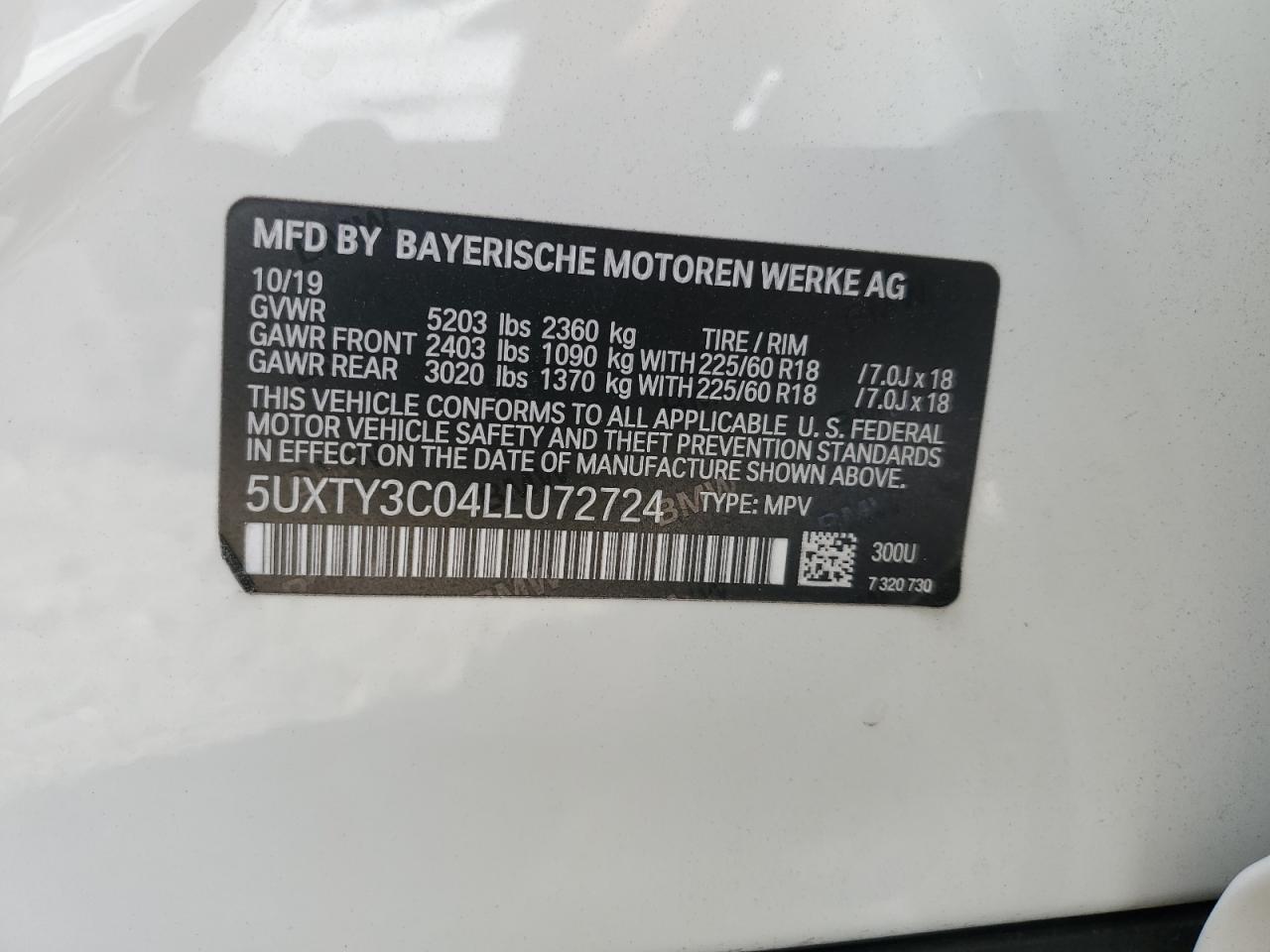 2020 BMW X3 Sdrive30I VIN: 5UXTY3C04LLU72724 Lot: 78232714