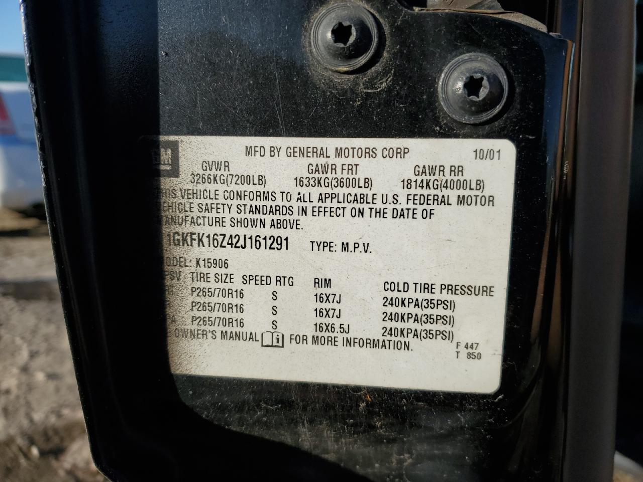 2002 GMC Yukon Xl K1500 VIN: 1GKFK16Z42J161291 Lot: 82695104