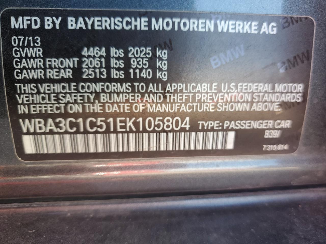 2014 BMW 328 I Sulev VIN: WBA3C1C51EK105804 Lot: 75521884