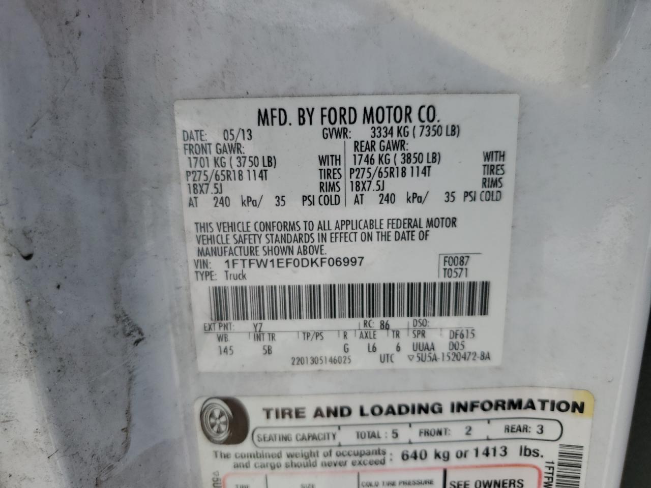 2013 Ford F150 Supercrew VIN: 1FTFW1EF0DKF06997 Lot: 75186834