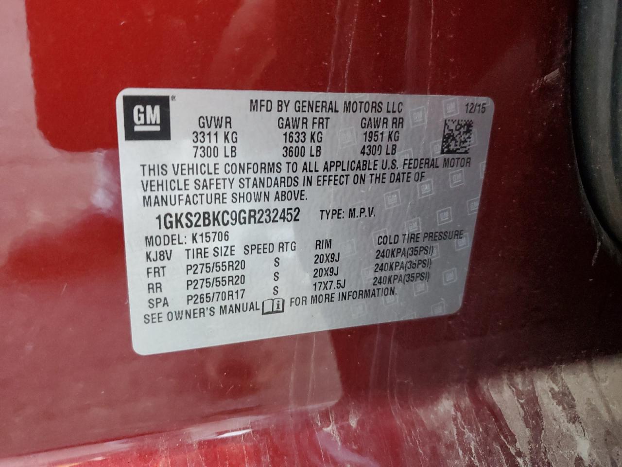 1GKS2BKC9GR232452 2016 GMC Yukon Slt