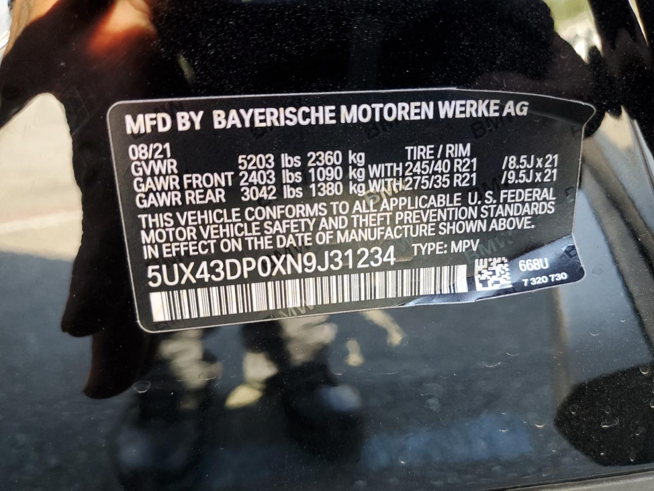 5UX43DP0XN9J31234 2022 BMW X3 Sdrive30I