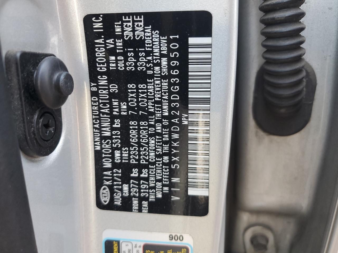 5XYKWDA23DG369501 2013 Kia Sorento Sx