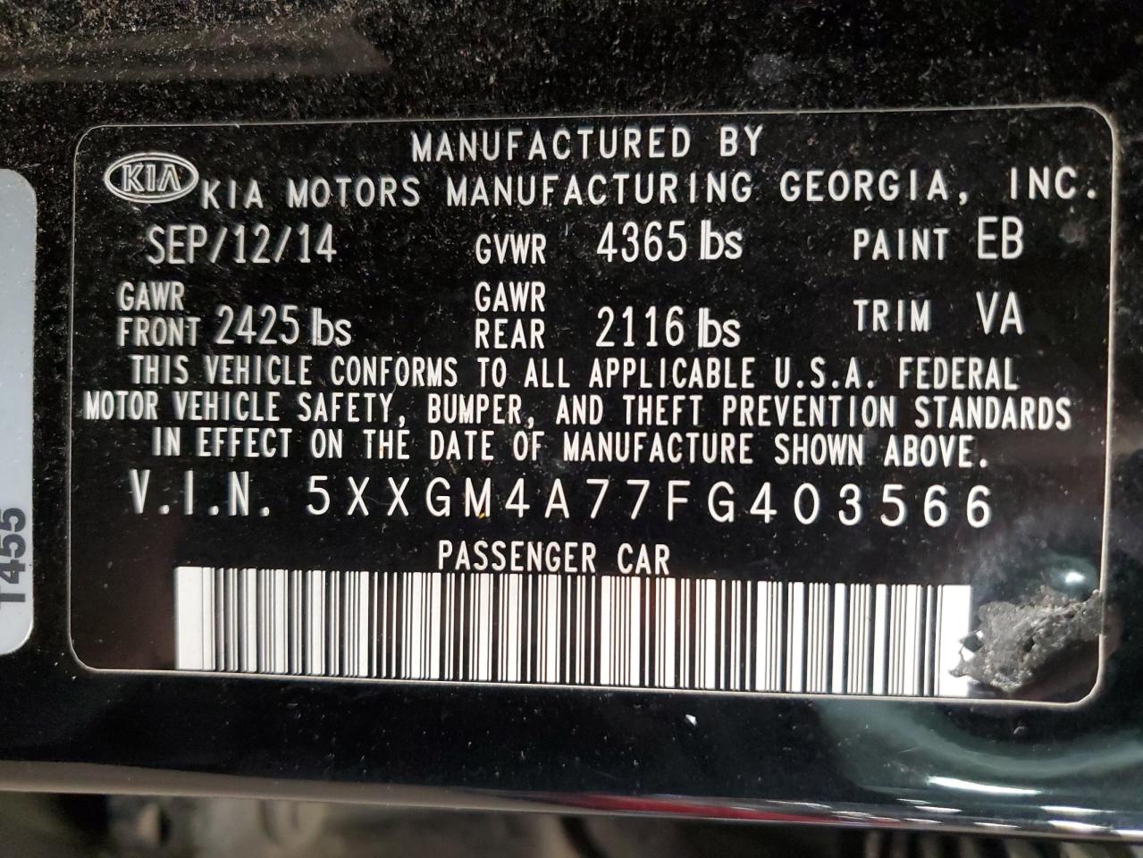 5XXGM4A77FG403566 2015 Kia Optima Lx