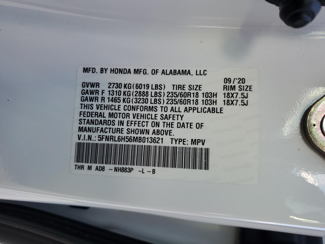 VIN 5FNRL6H56MB013621 2021 HONDA All Models no.14