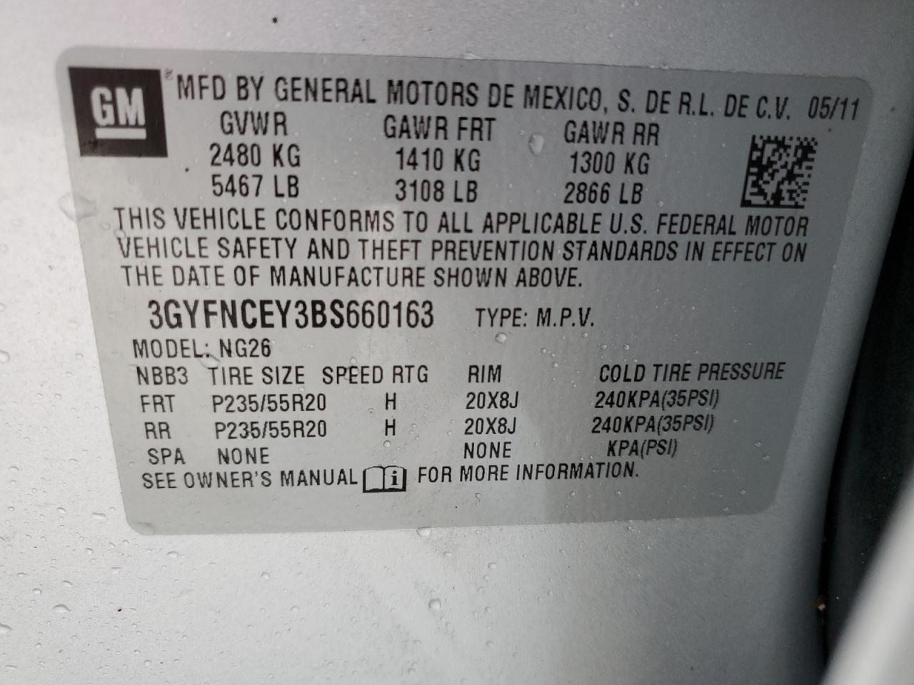 3GYFNCEY3BS660163 2011 Cadillac Srx Premium Collection