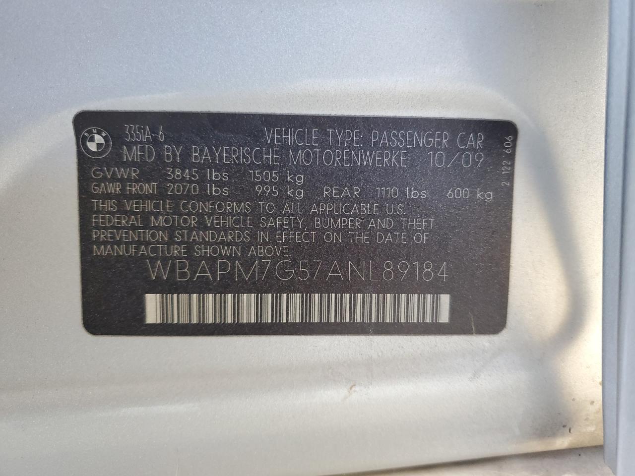 2010 BMW 335 I VIN: WBAPM7G57ANL89184 Lot: 76609214