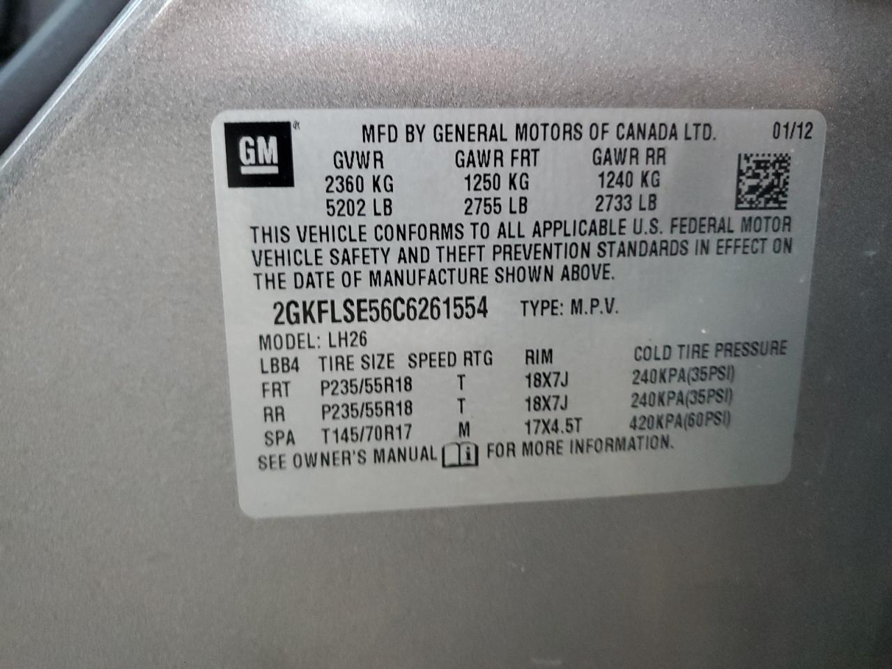 2012 GMC Terrain Sle VIN: 2GKFLSE56C6261554 Lot: 76730644